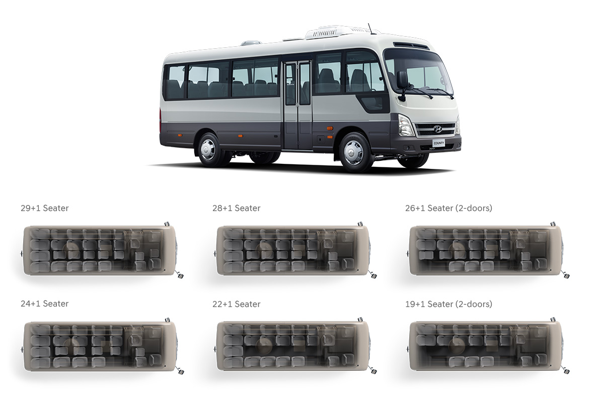 County New Breeze Long : 29+1 Seater, 28+1 Seater, 26+1 Seater (2-doors), 24+1 Seater, 22+1 Seater, 19+1 Seater (2-doors)
