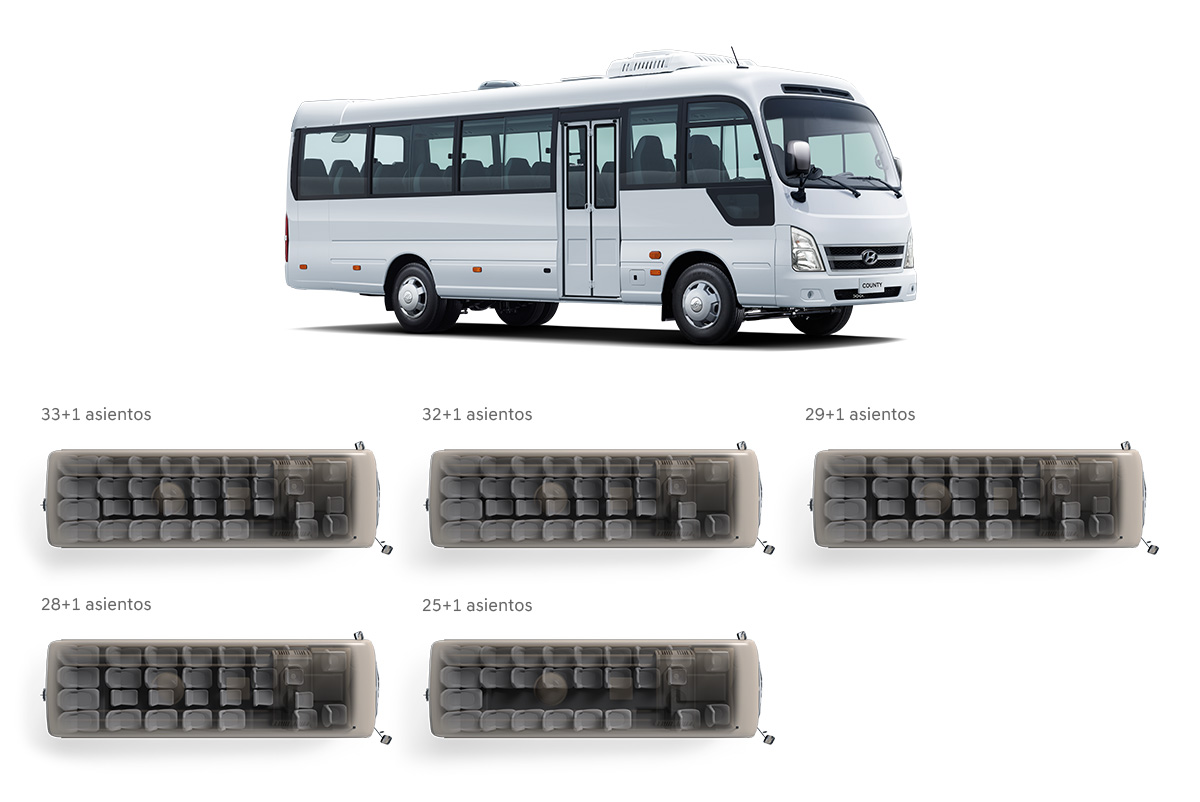 County New Breeze modelo extra-largo : 33+1 asientos, 32+1 asientos, 29+1 asientos, 28+1 asientos, 25+1 asientos